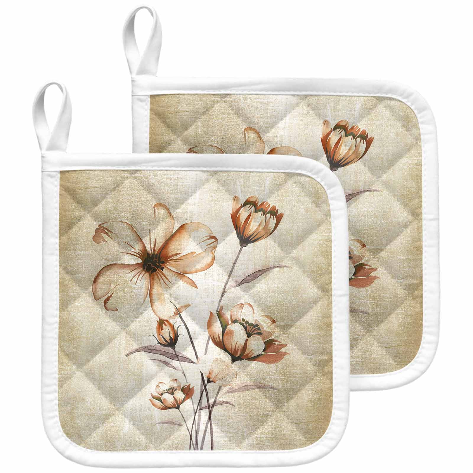 Brown Ombre Daisy Pot Holders for Kitchen Heatproof Potholder, 2 Pack Farmhouse Vintage Floral Botanical Hot Pads Multipurpose Oven Pads Cloth Potholders Trivet for Cooking and Baking