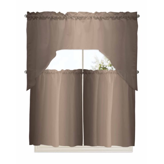 Brown Ombre Kitchen Curtains Swag Valance and Tier Curtains Set 36 Inch Length, Modern Gradient Abstract Art Rod Pocket Drape Panels Pair Swag Curtains for Bathroom/Cafe/Window