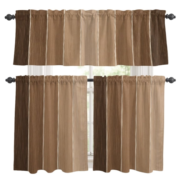 Brown Ombre Kitchen Curtains and Valances Set, Golden Brown Tan Wood Grain Stripes Rustic Country Rod Pocket Window Valance Window Curtain Panels for Living Room Bedroom Laundry, 27.5x36in, 3 Pieces