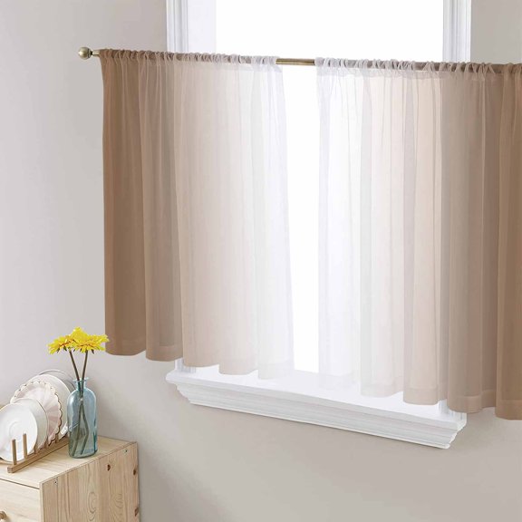 Brown Ombre Semi Sheer Curtains 45 Inch Length 2 Panels Set, Modern Gradient Art Abstract Sheer Kitchen Curtain Privacy Voile Window Curtain for Living Room Bedroom Rod Pocket Drapes