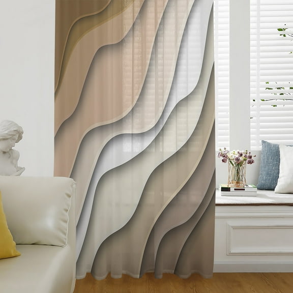 Brown Ombre Semi Sheer Curtains Drapes for Living Room, Bedroom, French Doors Window 72 Inches Long, Modern Geometric Abstract Aesthetic Cream Rod Pocket Chiffon Curtain Drapery Voile Drape Panel
