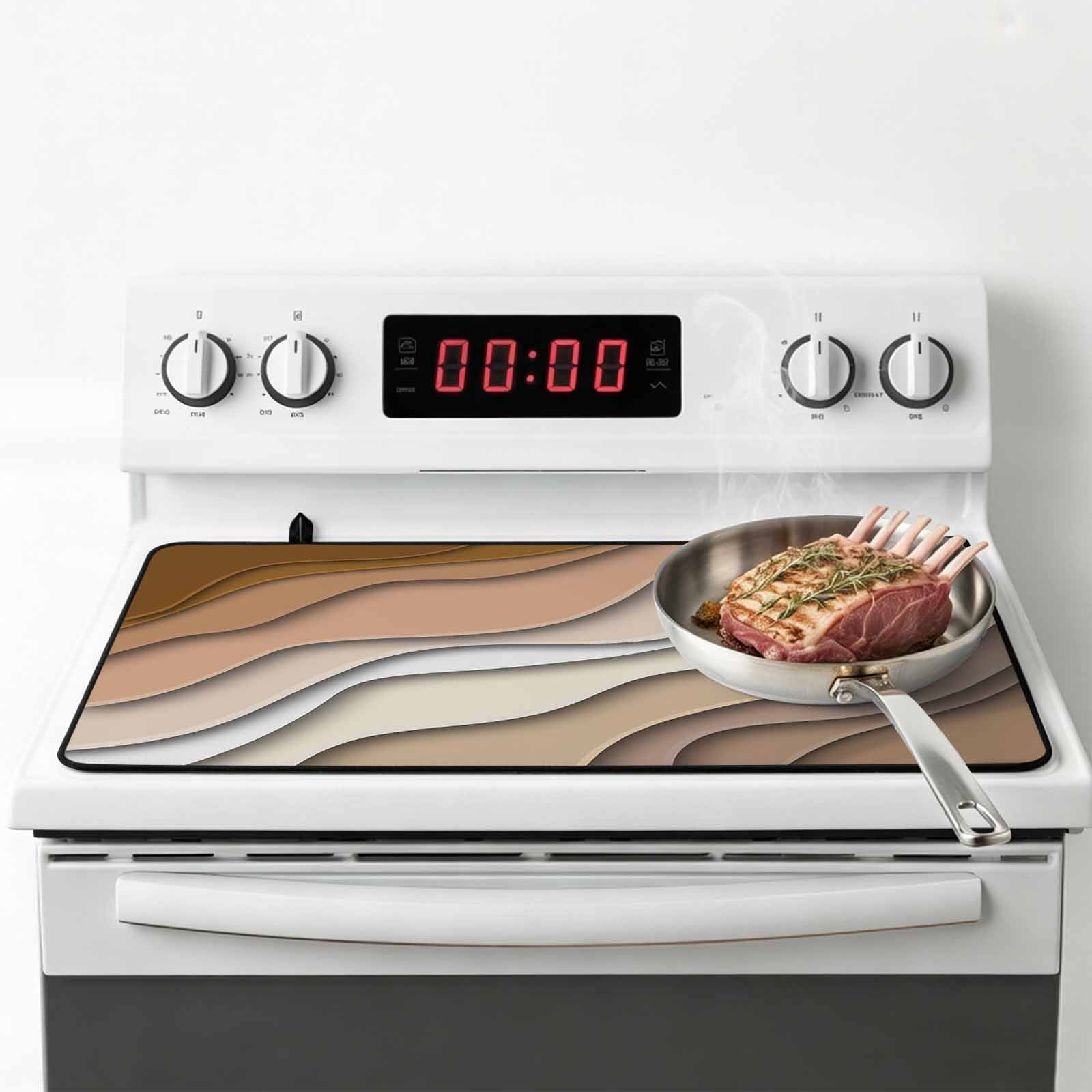 Brown Ombre Stove Top Cover for Electric Stove, Heat-proof & Non Slip Glass Top Stove Cover Protector, Modern Geometric Abstract Aesthetic Cream Kitchen Flat Cooktop Rubber Mat 31x24 Inches