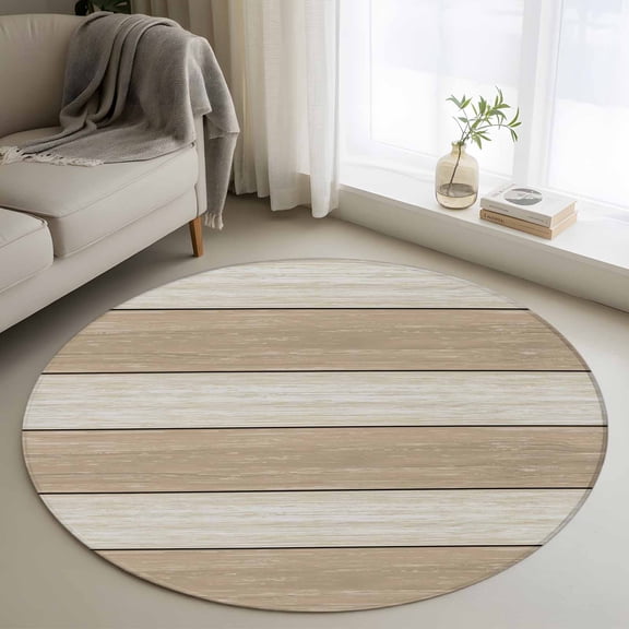 Brown Ombre Wooden Round Area Rug 4ft, Farmhouse Retro Khaki Wood Washable Non-Slip Circle Rugs for Bedroom Living Room Kitchen, Soft Non Shedding Circle Carpet for Dining Room Dorm