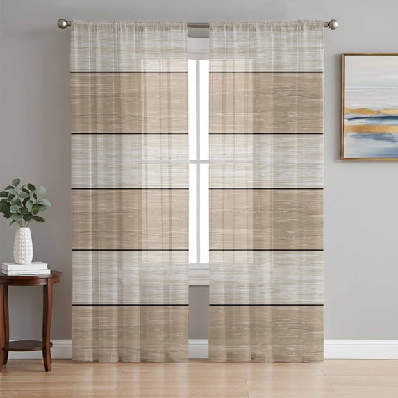 Brown Ombre Wooden Sheer Curtains 96 Inch Length 2 Panels Set, Farmhouse Retro Khaki Wood Voile Window Treatment Semi Sheer Long Curtains Drapes for Bedroom/Living Room/Kitchen 52"x96"x2