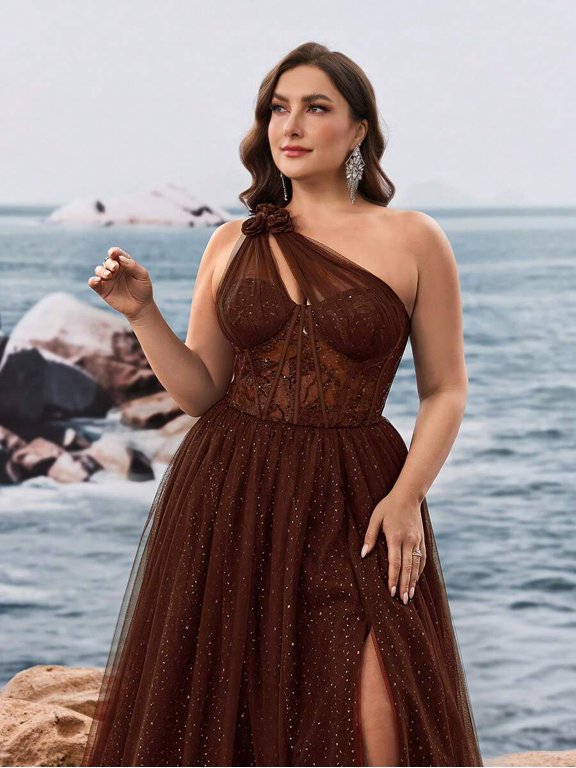 Brown One-Shoulder Evening Gown With Floral Appliqué And Sparkly Tulle
