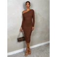 thumbnail image 1 of Brown One Shoulder Ruched Bodycon Midi Dress Long Sleeve, 1 of 30