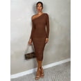 thumbnail image 1 of Brown One Shoulder Ruched Bodycon Midi Dress Long Sleeve, 1 of 30