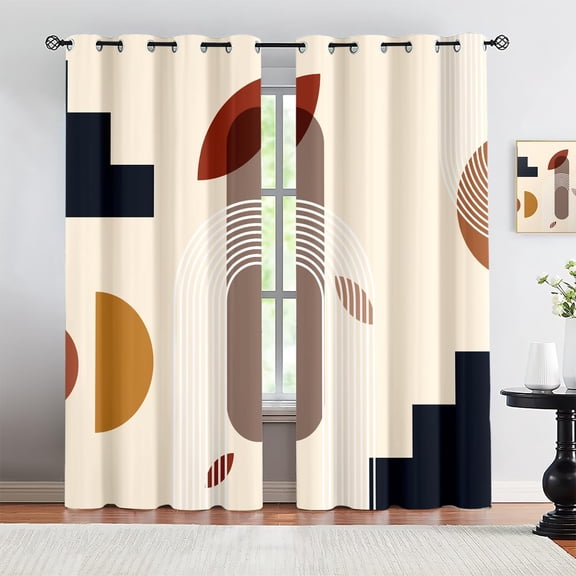 Brown Orange Arched Stripes Blackout Curtains, European Bohemian Line Art Window Curtains, 3D Printed Noise Reducing Grommet Drapes for Living Room Bedroom Kitchen Decor-42"W x 84"L (Pack of 2)