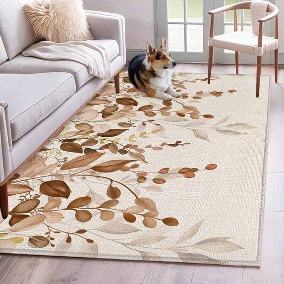 Brown Orange Eucalyptus Area Rugs 4'x6', Washable Small Throw Rugs for Office Bathroom, Farmhouse Weeping Leaves Linen Indoor Outdoor Rug Non-Slip Low Pile Carpet Runner Reversible Floor Mats