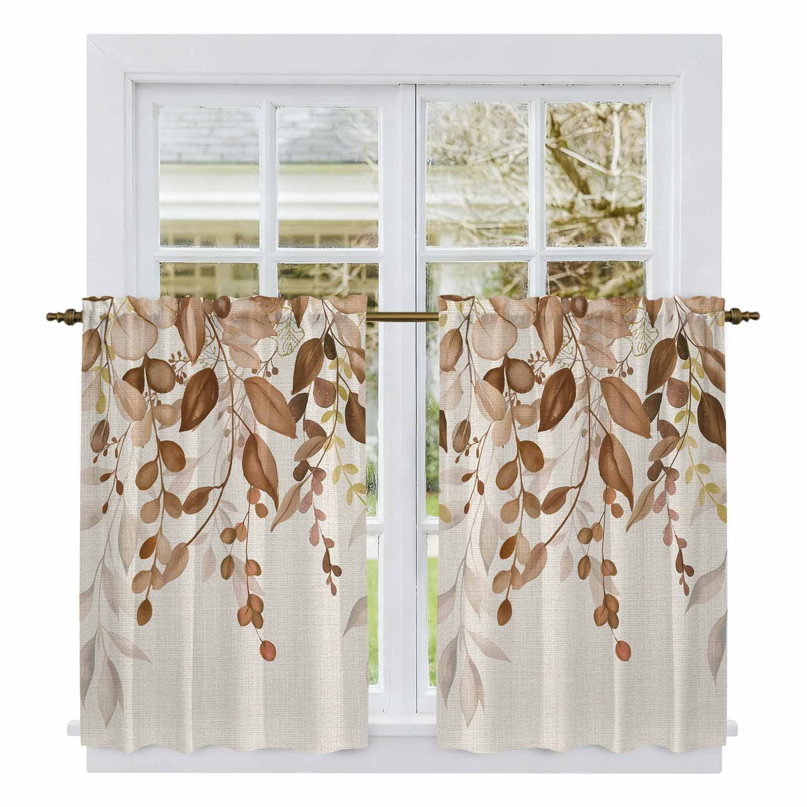 Brown Orange Eucalyptus Kitchen Curtains 54 Inch Length, Farmhouse Weeping Leaves Linen Tiers Curtains for Bathroom Bedroom Cafe, Light Filtering Small Window Treatment Drapes 2 Panels 42"Wx54"L