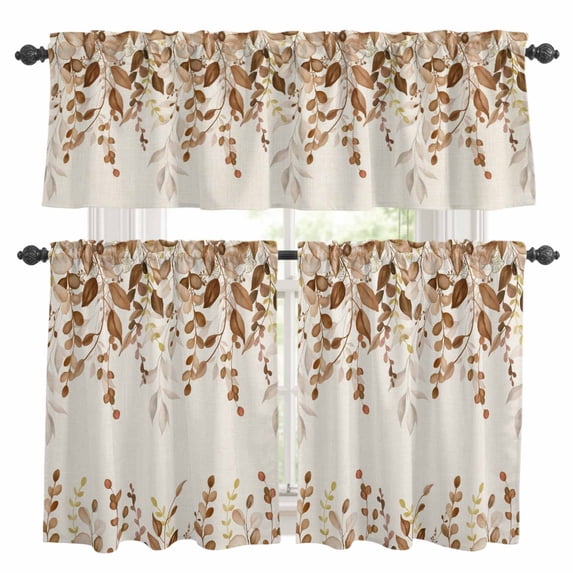 Brown Orange Eucalyptus Kitchen Curtains Sets for Windows 36 Inch Length, Farmhouse Weeping Leaves Linen Rod Pocket Window Treatments Tier Curtains and Valances Set for Bedroom/Bathroom