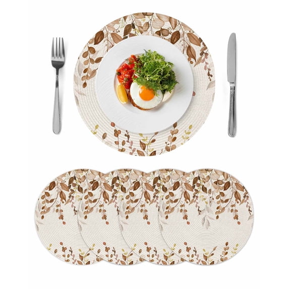 Brown Orange Eucalyptus Round 13 Inch Placemats Set of 4, Farmhouse Weeping Leaves Linen HeatResistant Non Slip Place Mats for Dining Table, Wipeable Braided Kitchen Table Mats for Housewarming