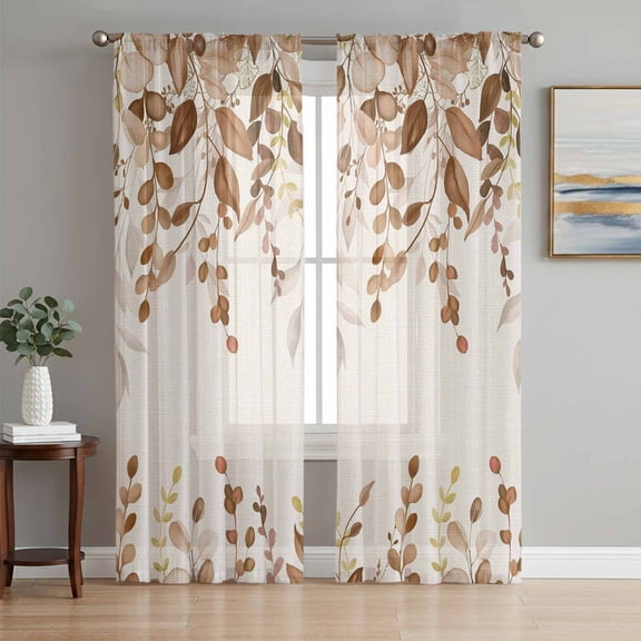 Brown Orange Eucalyptus Sheer Curtains 96 Inch Length 2 Panels, Farmhouse Weeping Leaves Linen Light Filter Drapes for Living Room Bedroom Window Treatments, Rod Pocket Privacy Semi Sheer Curtains