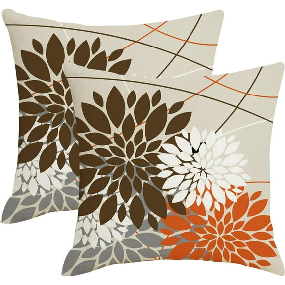 Brown and Orange Gray Dahlia Floral Pillow Covers 18x18 Set of 2 Outdoor Modern Coffee White Grey Flower Throw Pillows Cover Summer Fall Autumn Linen Decorative Cushion Case for Couch Bed Decor