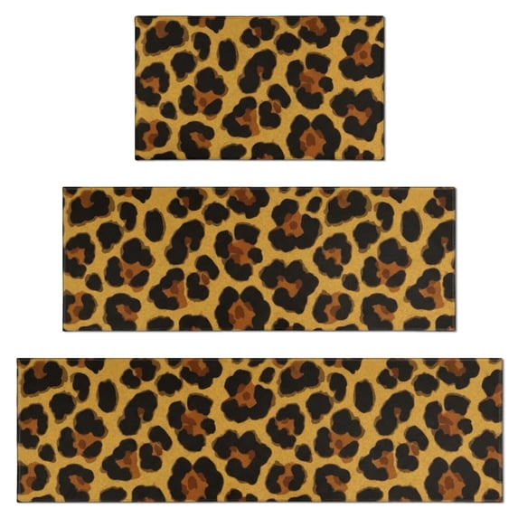 Brown and Orange Leopard Print Kitchen Rugs Set Of 3, Non Slip Washable Kitchen Runner Rugs, Decorative Floor Mats for Sink Laundry and Home Use, 17"x30" + 17"x47" + 17"x59"