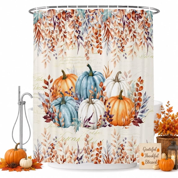 Brown Orange Pumpkins Fall Shower Curtain, Waterproof Shower Curtains for Bathroom, Thanksgiving Eucalyptus Leaves Autumn Washable Fabric Bathtub Curtain Set Bath Decor with 12 Hooks 72"x78"