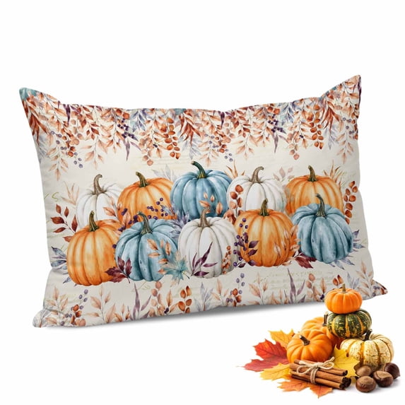 Brown Orange Pumpkins Fall Throw Pillow Covers,Thanksgiving Eucalyptus Leaves Autumn Soft Breathable Pillow Cases with Zipper for Sleeping,Toddler Pillowcases for Couch Bed Sofa Chair 12x20 Inches