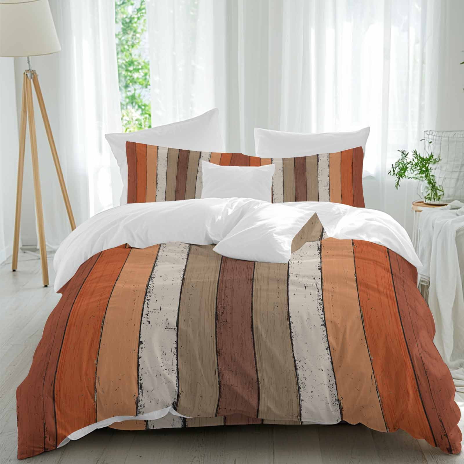 Brown Orange Striped Full Size Comforter Set, Modern Vintage Wood ...