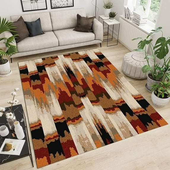 Brown Orange Striped Graffiti Area Rug, Vintage Distressed Texture Rugs For Living Room, Bedroom Rug, With Non-Slip Large Floor Carpet For Dining Room Home Kitchen 4x5ft