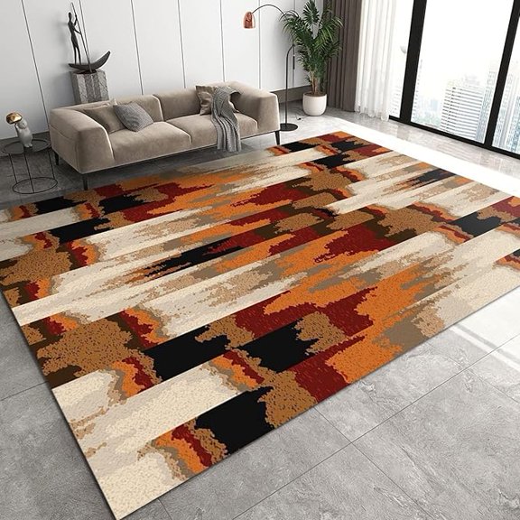Brown Orange Striped Graffiti Area Rugs, Retro Watercolor Orange Texture Farmhouse Rug, With Anti-Slip Backing Washable Indoor Carpet For Living Room Bedroom Study Dining Room 5' x 6'
