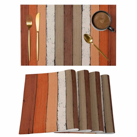Brown Orange Striped Placemats Set of 4 Modern Vintage Wood Texture Rectangle Heat Insulation Washable Place Mats, Rustic Non-Slip Table Mats for Dining Table Party Kitchen Decor,13x19 Inch