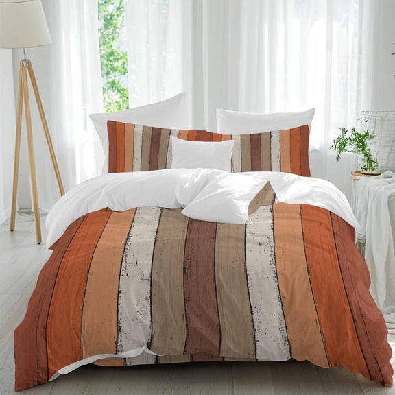 Brown Orange Striped Queen Size Comforter Set, Modern Vintage Wood Texture Rectangle Bedding for All Seasons, 4 Pcs Bed Set, 1Quiltcover (90"x92") ,1Sheet(94"x116"), 2Pillowcases (30"x20")