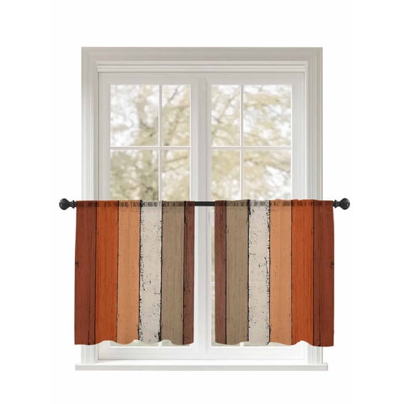 Brown Orange Striped Sheer Curtains 2 Panels Set Modern Vintage Wood Texture Rectangle Lihgt Filtering Rod Pocket Voile Drape, Semi Sheer Window Curtains for Bedroom Living Room, 52"x45"