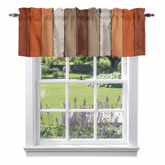 Brown Orange Striped Valances for Windows, Modern Vintage Wood Texture Rectangle Valance Window Treatment Rod Pocket Short Curtains Valances for Kitchen Bathroom 60"W x 14"L