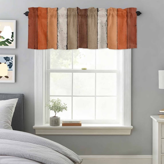 Brown Orange Striped Window Valance for Kitchen, Modern Vintage Wood Texture Rectangle Rod Pocket Short Curtain for Small Windows, Light Filtering Decorative Valance, 54 x 18 Inch, 1 Panel
