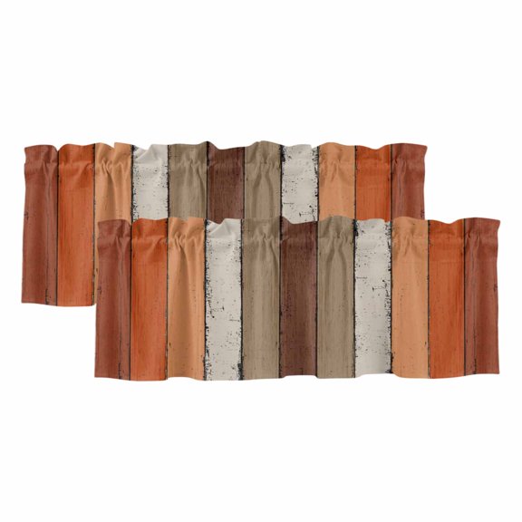 Brown Orange Striped Window Valance, Modern Vintage Wood Texture Rectangle 2 Pack Decorative Curtain for Small Windows, Light Filtering Valance with 3” Rod Pocket, 42"W x 12"L