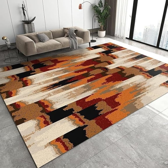 Brown Orange Stripes Area Rug, Modern Ethnic Customs Non Slip Living Room Rug, Stain Resistant Durable Carpet For Indoor Bedroom Office Decor Mat 3x4ft