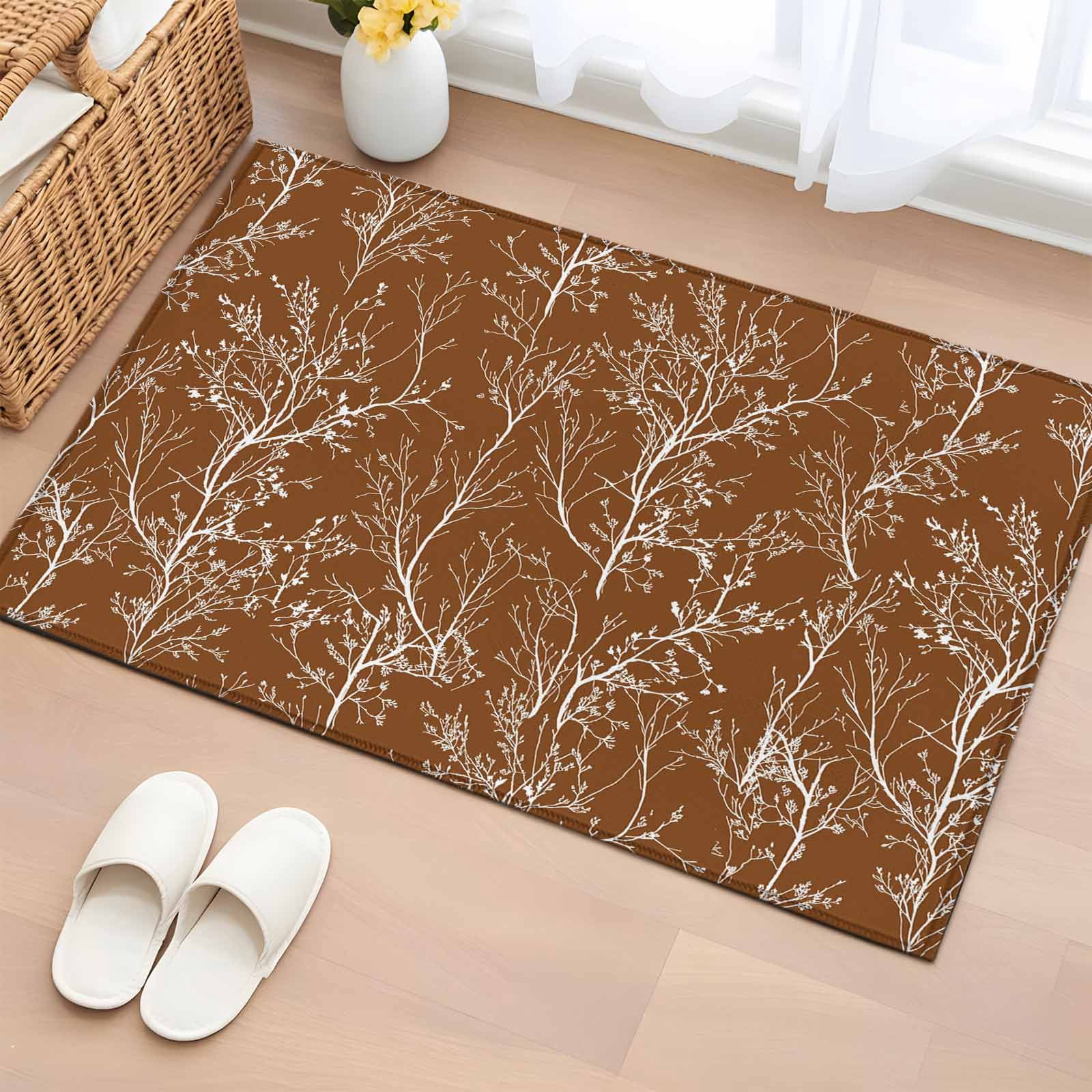 Brown Orange Washable Area Rug 2 x 3 ft White Tree Branch Botanical ...