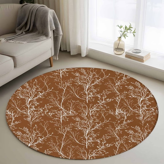 Brown Orange Washable Round Area Rug 4 ft, White Tree Branch Botanical ...