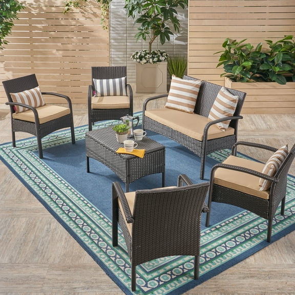 Brown Outdoor 6 Piece Wicker Conversation Set with Cushions, Brown, Tan