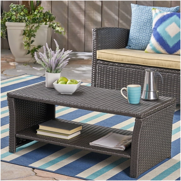 Brown Outdoor Coffee Table, Weather-Resistant Rattan End Table for Patio Garden Porch