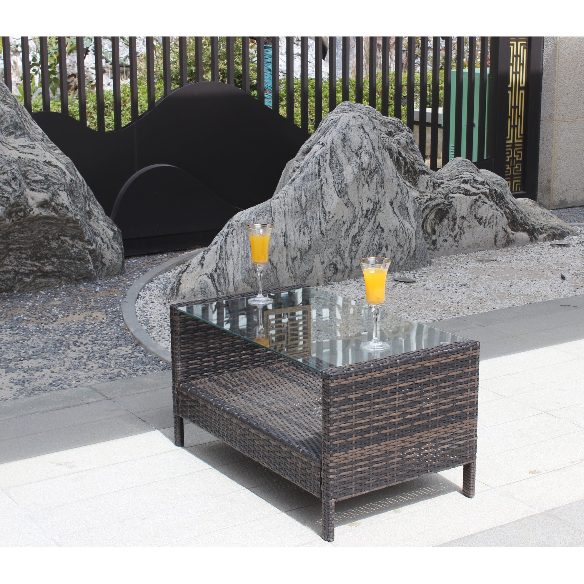 Brown Outdoor Coffee Table With Tempered Glass Surface, 34.6x20.5x17 ...