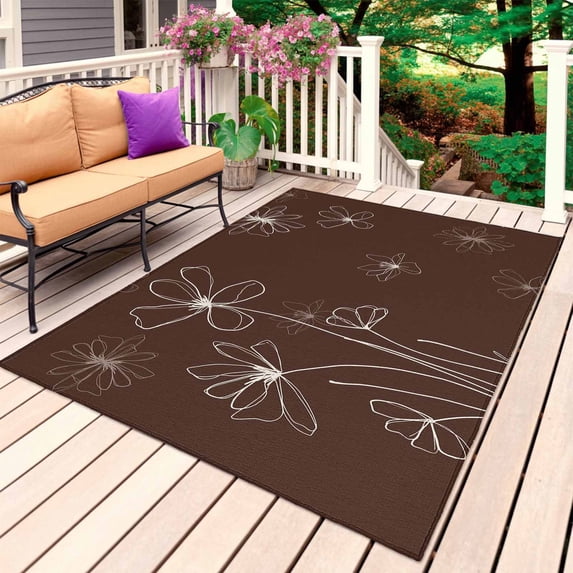 Brown Outdoor Rug 5x7 Ft, Non Slip Washable Area Rug, Spring Flora Patio Rugs Carpet Runner, Large Floor Mat for Indoor/Outdoor Deck Porch Camping