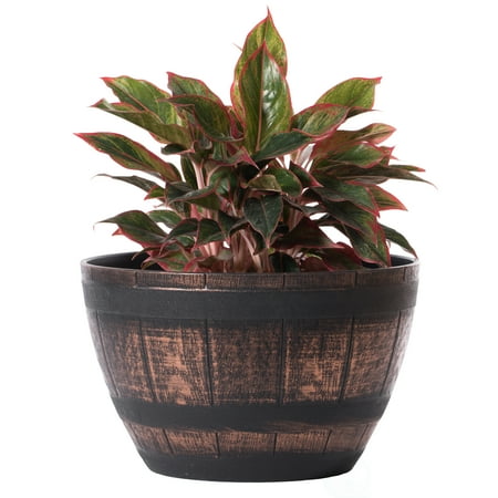 Brown Outdoor Rustic Half Barrel Flower Garden Planter Bowl, Plastic