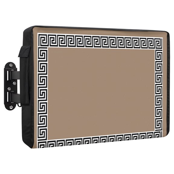 Brown Outdoor TV Cover 36 to 39 Inch Greek Chinese Style Border Geometric Weatherproof and Waterproof TV Cover Heavy Duty Outside Flat TV Screen Protector with Remote Control Pocket