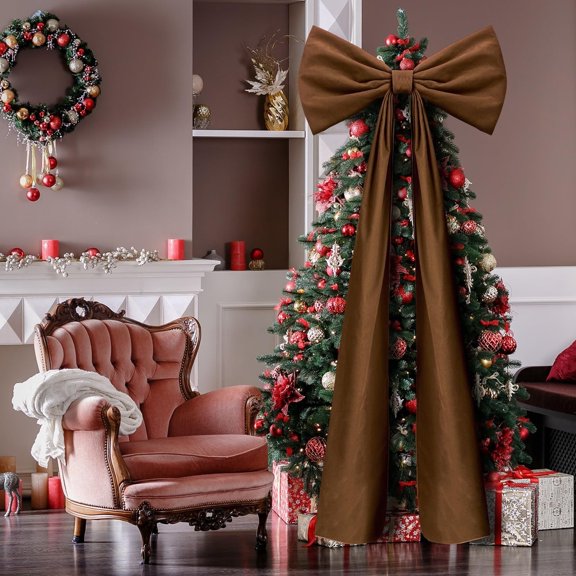 Brown Oversized Christmas Bow, 70.9-Inch Velvet Long-Tail Tree Topper for Neutral Mantel and Staircase Decor, YDYB