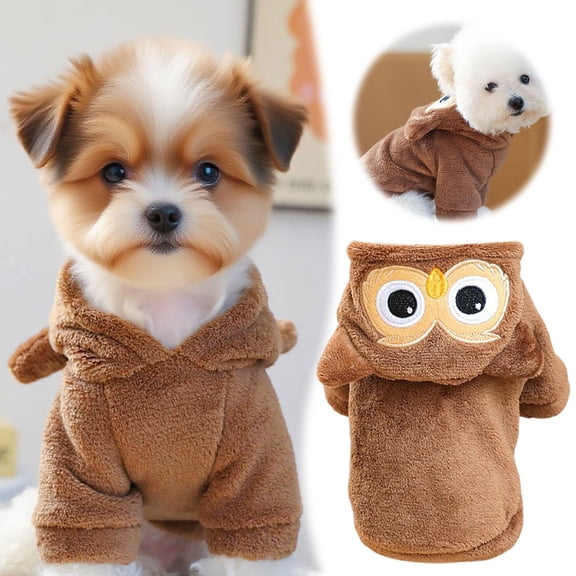 Brown Owl Plush Pet Hoodie Cute 4-Legged Warm Outfit Thickened Lined Winter Fall Apparel For Dogs & Cats For Daily Walking & Party(Khaki-Xl)