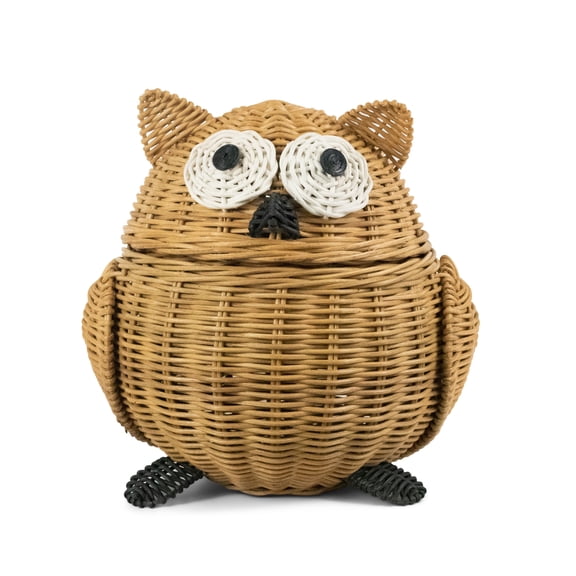 Brown Owl Rattan Storage Basket with Lid Decorative Home Decor Hand Woven Shelf Organizer Cute Handmade Handcrafted Gift Art Decoration Artwork Wicker Size: Large, 9.5" tall x 9.5" wide x 8" deep