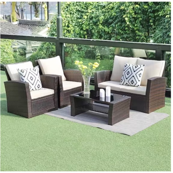 Brown PE Rattan Set - Galvanized Steel Frame - Outdoor Barbecuing Area