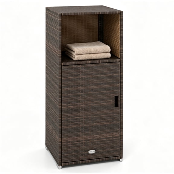 Brown PE Wicker Outdoor Storage Cabinet Open & Closed Design Rattan Organizer with Metal Frame for Backyard Porch Poolside