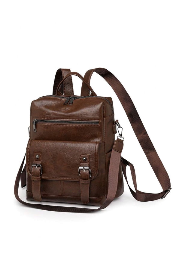 Brown PU Leather Backpack With Front Flap And Adjustable Straps