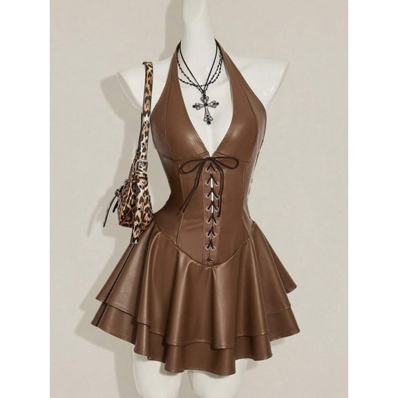 Brown PU Leather Halter Mini Dress With Corset Lace-Up Front And Tiered Ruffle Skirt For Club Party