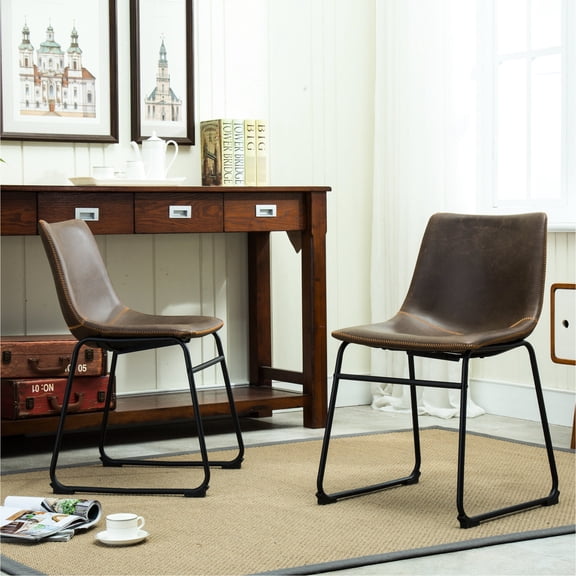 Brown PU Leather Upholstery / Pair of Dining Chairs for Rustic Decor