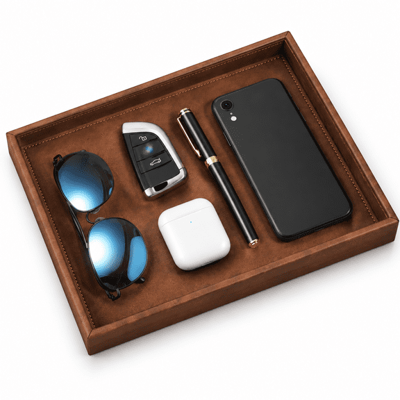 Brown PU Leather Wooden Desktop Valet Tray Catchall Organizer