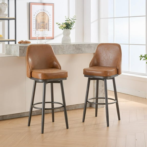 Brown PU Swivel Bar Stools (Set of 2) - Adjustable 24" & 30" Counter Height Stool for Kitchen & Home. Comfortable, Sturdy, Easy Assemble.