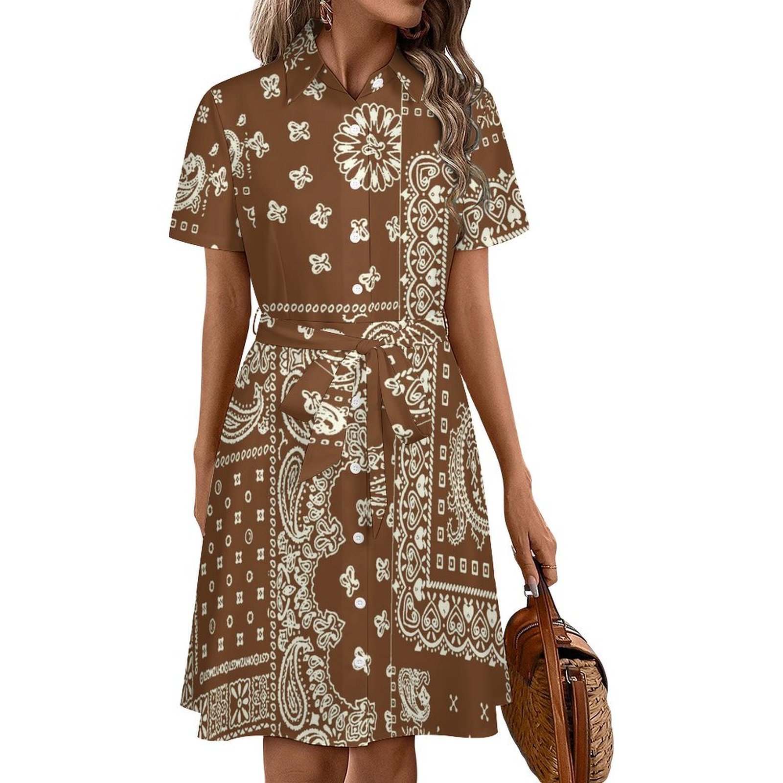 Brown Paisley Bandana Print Womens Shirt Dresses Women'S Short Sleeve Dress  Turn-Down Collar Dress A Line Casuall Dress Oversize(XS-6XL) - Walmart.com